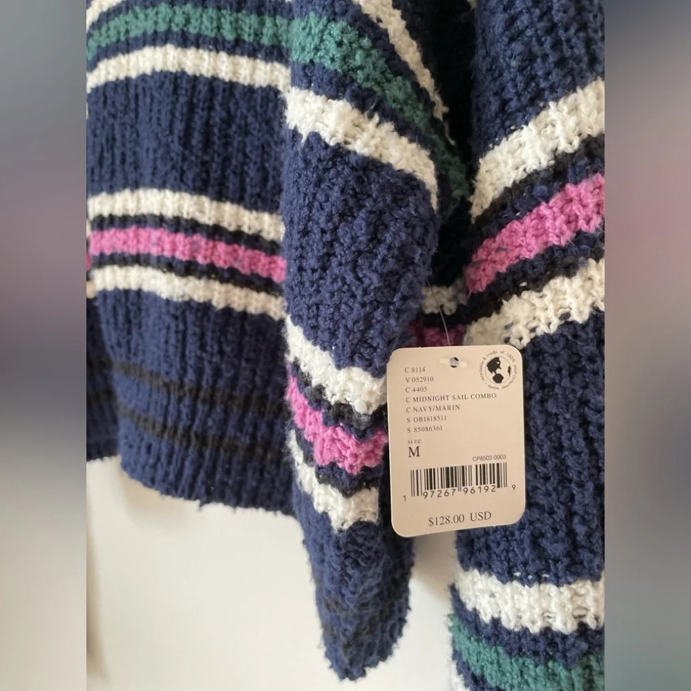 Free People Navy V-Neck Striped Sweater with Pink, Green & White Accents